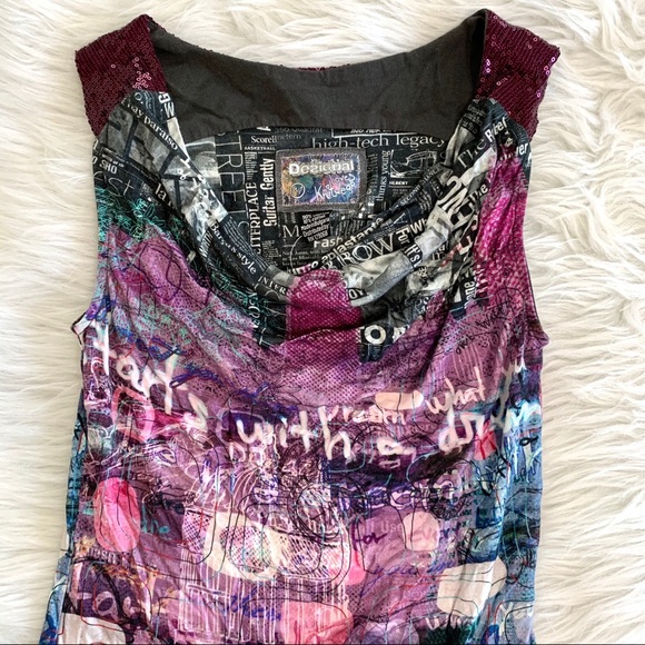 Desigual Tops Desigual Sequin Cowl Neck Newspaper Print Tank Top
